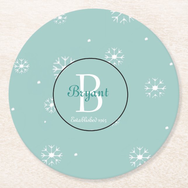Teal Monogram Snowflake Coasters (Front)
