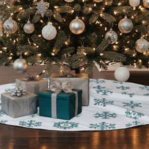 Teal Monogram Snowflakes Winter White Brushed Polyester Tree Skirt