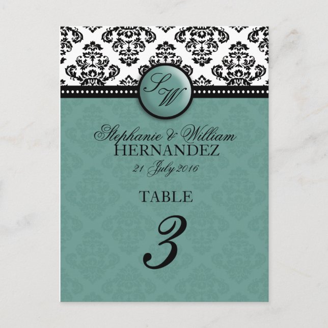 Teal Monogram Wedding Reception Table Number Postcard (Front)