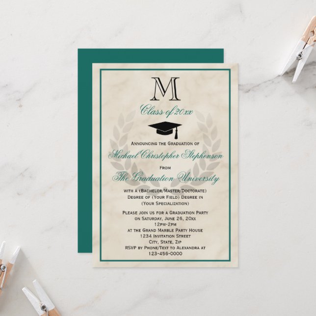 Teal Monogram Wreath Classic College Graduation Invitation (Front/Back In Situ)
