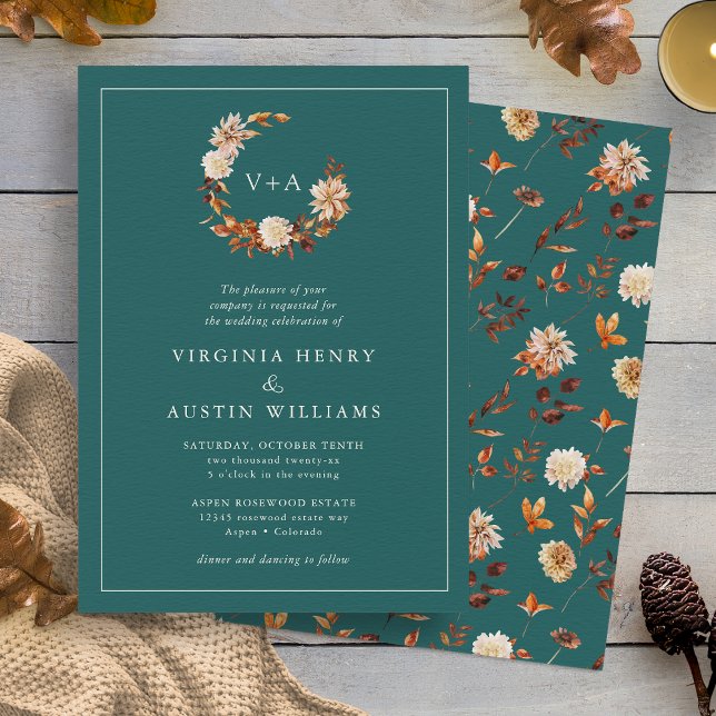 Teal Monogrammed Wedding Invitation (Teal Fall Floral Wreath Monogrammed Wedding Invitation by Painted Paperie
)