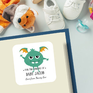 TEAL Monster Baby Toddler Personalised Bookplate Square Sticker