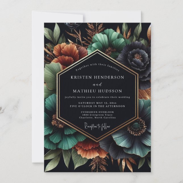 Teal Moody Bloom Wedding Invitation (Front)