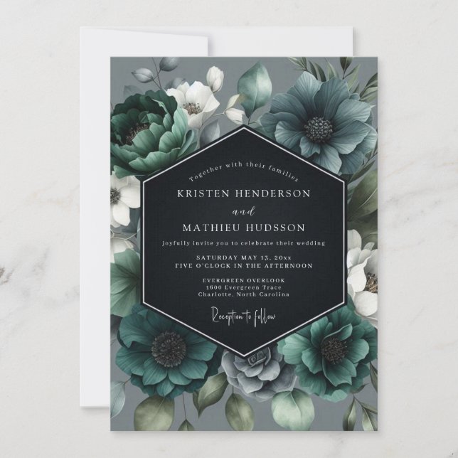 Teal Moody Bloom Wedding Invitation (Front)