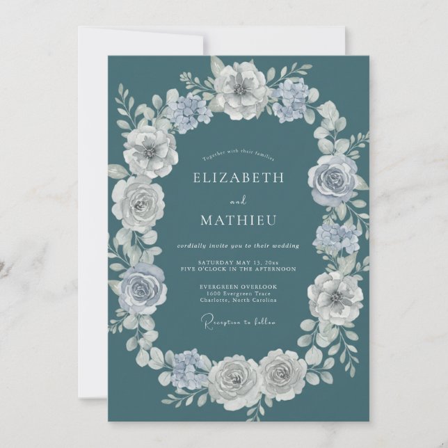 Teal Moody Botanical Winter Wedding Invitation (Front)