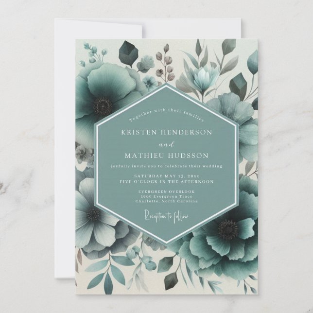 Teal Moody Floral Bloom Wedding Invitation (Front)