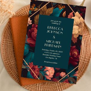 Teal Moody Floral Fall Bloom Autumn Wedding Invitation