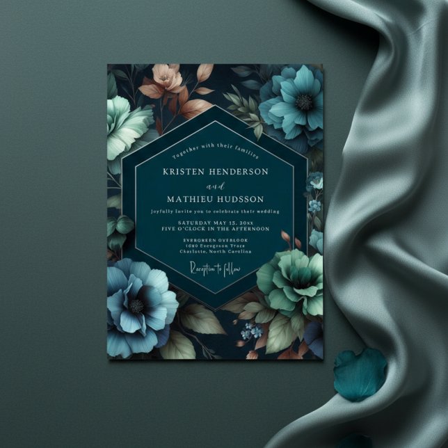 Teal Moody Floral Romance Wedding Invitation (Creator Uploaded)