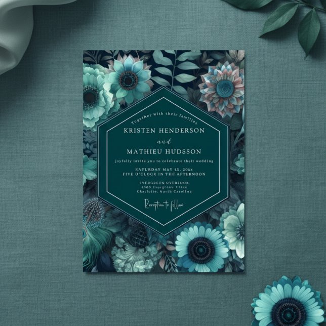Teal Moody Floral Romantic Wedding Invitation (Creator Uploaded)