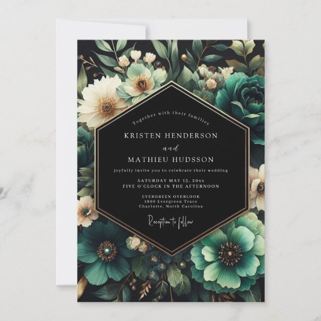Teal Moody Floral Wedding Invitation (Front)