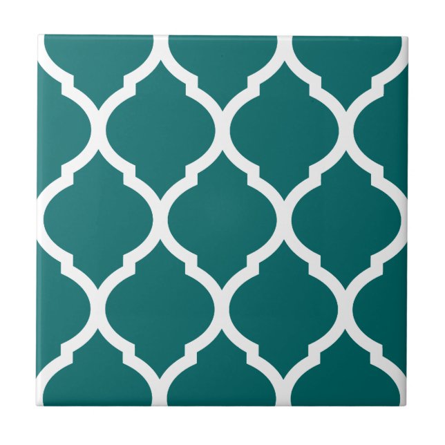 Teal Moroccan Quatrefoil Patterned Ceramic Tile (Front)