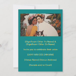 Teal multicultural couple flower art with feline invitation