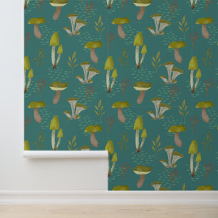 Teal Mushroom Botanical Peel and Stick Wallpaper