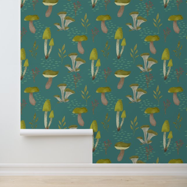 Teal Mushroom Botanical Peel and Stick Wallpaper (Application)
