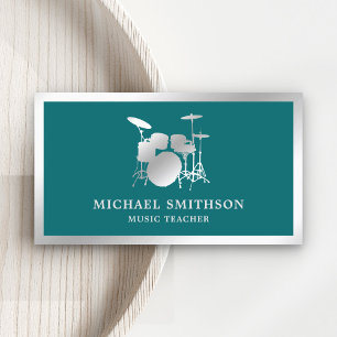 Teal Music Teacher Silver Foil Drum Kit Drummer Business Card