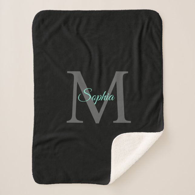 Teal Name, Grey Monogram, Black Sherpa Blanket (Front)