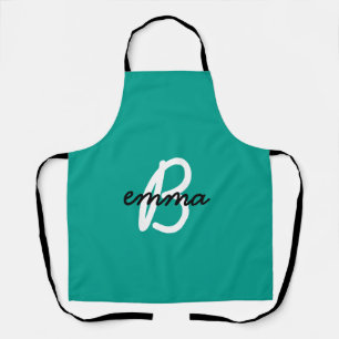 Teal Name   Modern Cyan Trendy Initial Green Apron