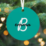 Teal Name | Modern Cyan Trendy Initial Green Metal Tree Decoration<br><div class="desc">Trendy, stylish custom name and initial monogram style christmas tree ornament in modern minimalist script typography in off black and white on a simple fun cyan teal green background. The name and initial can easily be personalised with your own name or the name of a loved one for a perfect...</div>