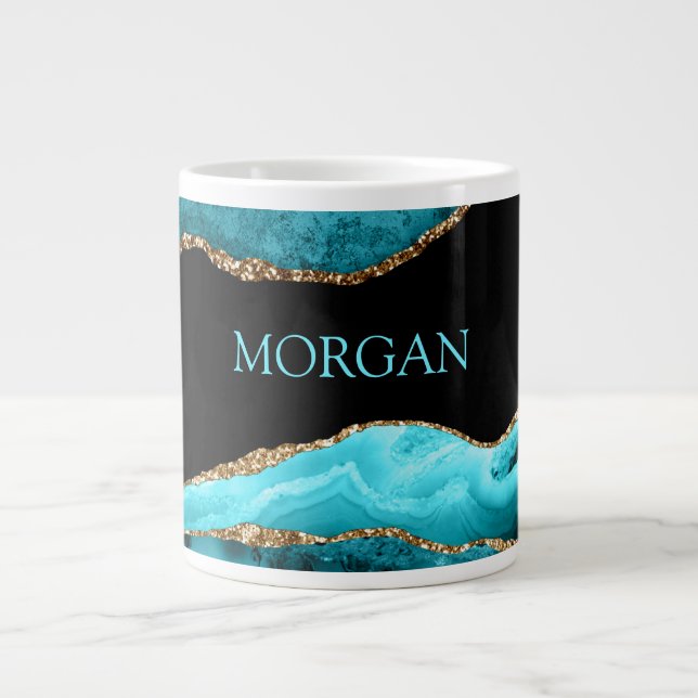 Teal Name on Black, Gold & Teal Agate Large Coffee Mug (Front)