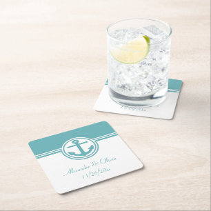 Teal Nautical Anchor Square Paper Coaster