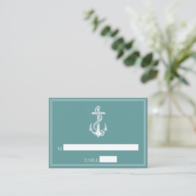 Teal Nautical Anchor Wedding Place Cards (Standing Front)