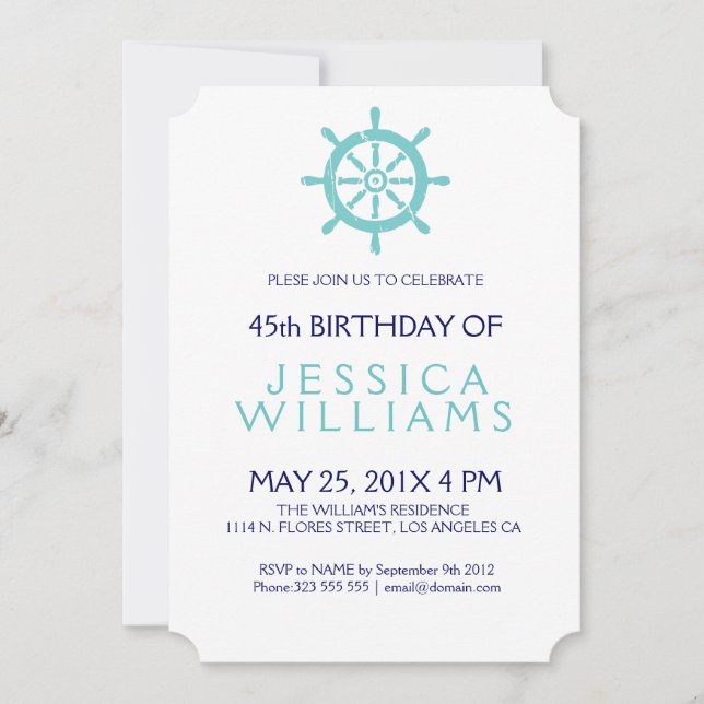 Teal Nautical Boat Wheel Birthday Party Invite (Front)