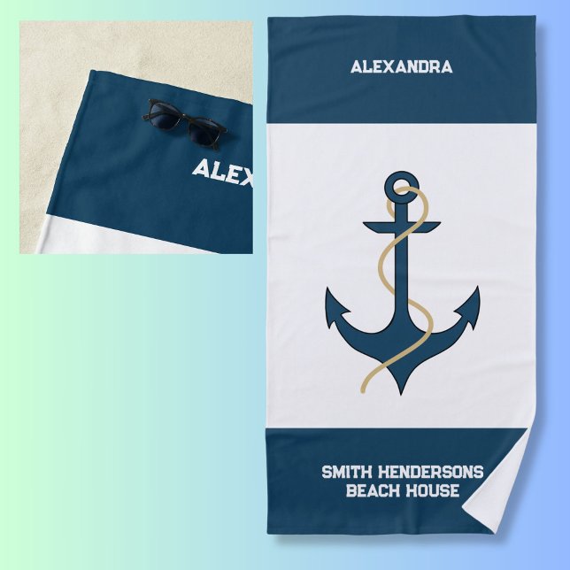 Teal nautical Name Beach House Beach Towel (Creator Uploaded)