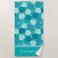 Teal Navy and White Coastal Monstera Custom Name