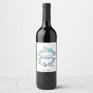 Teal & Navy Blue Floral Wreath bottle - Wine Label
