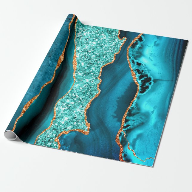 Teal Navy Blue Gold Glitter Marble Wrapping Paper (Unrolled)