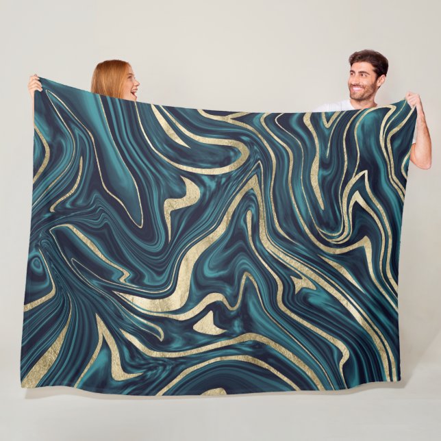 Teal Navy Blue Gold Marble #1 Fleece Blanket (In Situ)