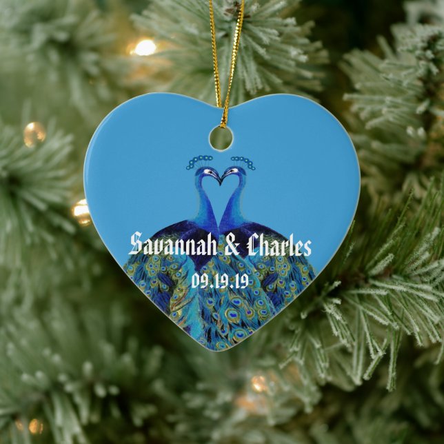 Teal Navy Blue Peacocks Kissing 1st Christmas Ceramic Tree Decoration (Tree)