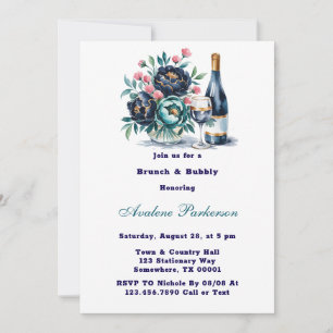 Teal Navy Blue Peony Flowers Brunch and Bubbly Invitation