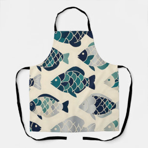 Teal Navy Blue Stylised Fish Repeating Pattern Apron