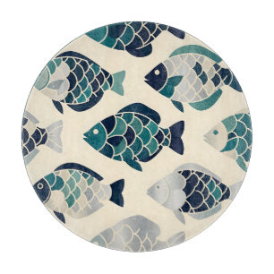 Teal Navy Blue Stylised Fish Repeating Pattern Cutting Board