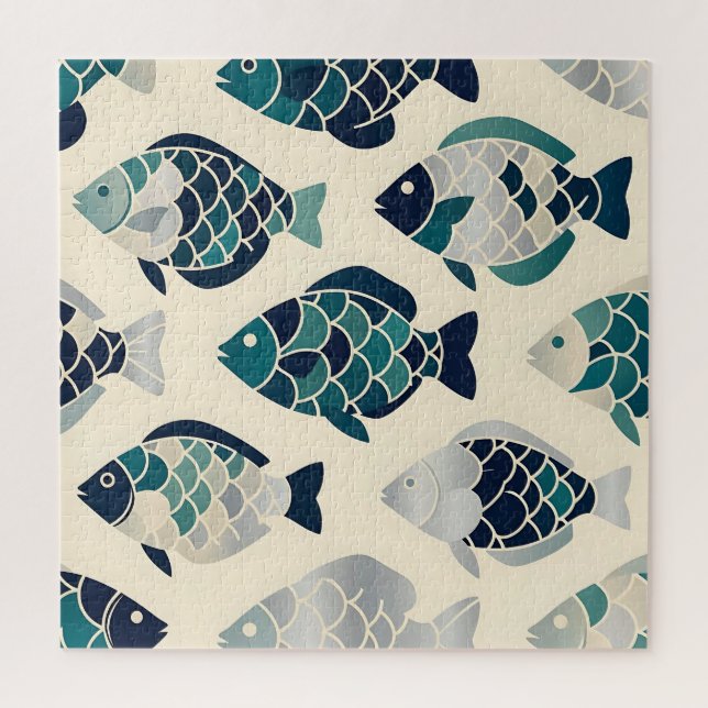 Teal Navy Blue Stylised Fish Repeating Pattern  Jigsaw Puzzle (Vertical)