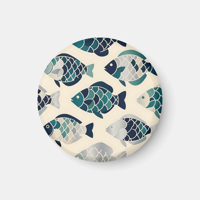Teal Navy Blue Stylised Fish Repeating Pattern  Magnet (Front)