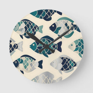 Teal Navy Blue Stylised Fish Repeating Pattern  Round Clock