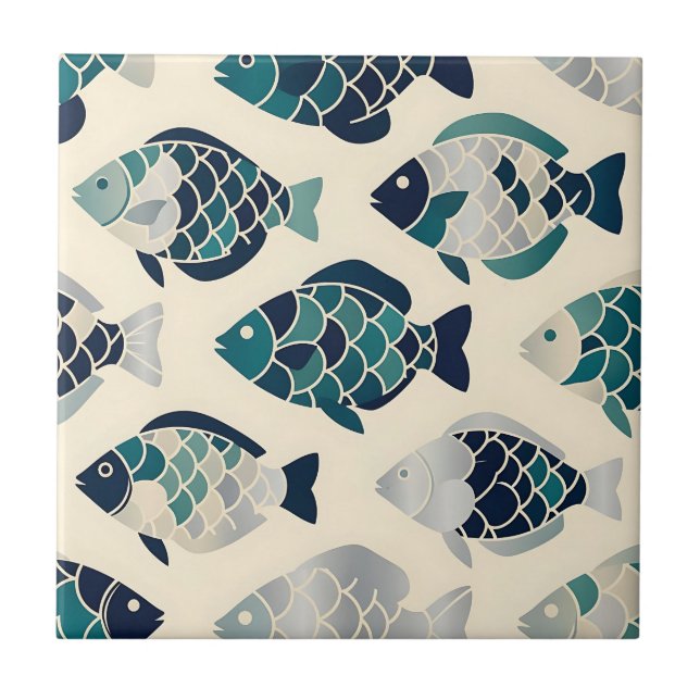 Teal Navy Blue Stylised Fish Repeating Pattern  Tile (Front)