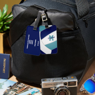 teal navy blue team colours monogrammed volleyball luggage tag