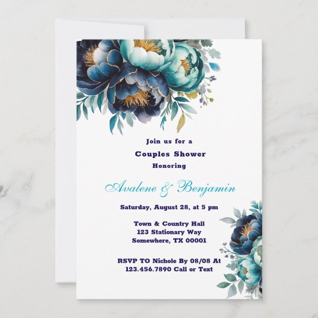 Teal Navy Blue Watercolor Peony Couples Shower Invitation (Front)
