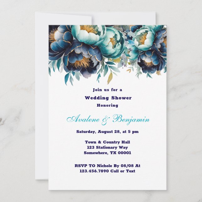 Teal Navy Blue Watercolor Peony Wedding Shower Invitation (Front)