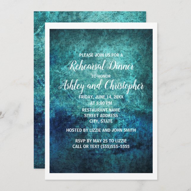 Teal Navy Blue Watercolor Wedding Rehearsal Dinner Invitation (Front/Back)
