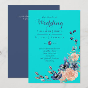 Teal Navy Coral Floral Budget Wedding Stationery