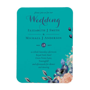 Teal Navy Coral Floral Budget Wedding Stationery Magnet