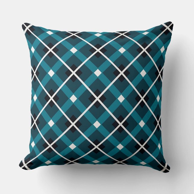 Teal & Navy Geometric Grid Pattern Cushion (Front)