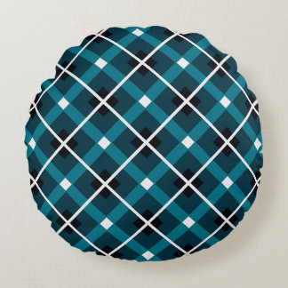 Teal & Navy Geometric Grid Pattern Round Cushion