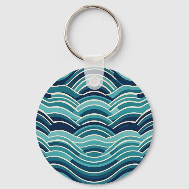 Teal Navy Geometric Ocean Waves Repeating Pattern Key Ring (Front)