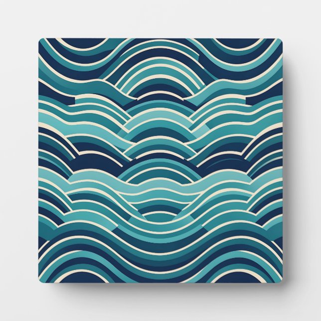 Teal Navy Geometric Ocean Waves Repeating Pattern Plaque (Front)