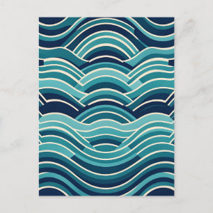 Teal Navy Geometric Ocean Waves Repeating Pattern Postcard